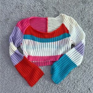 SHEIN Colorblock Crochet Knit Top - Red, Pink, Blue, Purple, White